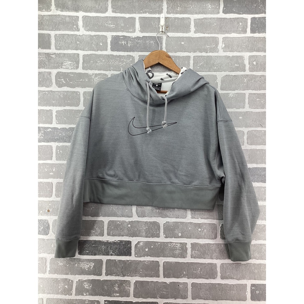Nike Dri-FIT Womens Grey Cropped Hoodie Swoosh Fleece Sweatshirt Small